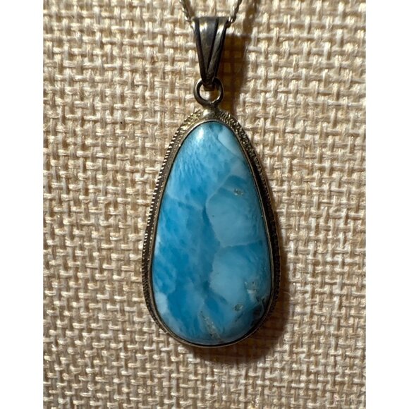 Sterling Silver Necklace & Larimar Pendand Teardrop Gemstone 18" Chain Italy - Picture 2 of 10